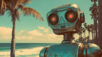 Poster - A robot stands next to a palm tree on a sunny beach