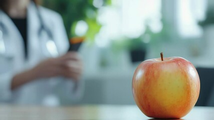 Poster - A single red apple sits atop a rustic wooden table, perfect for use in food or still life photography