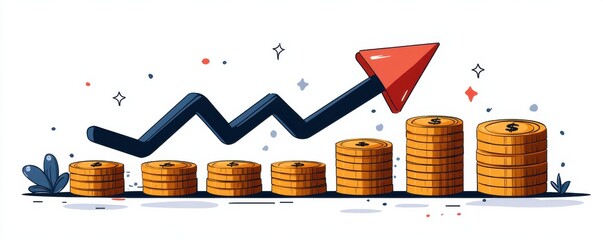 Poster - Illustration of increasing profits with arrow and stacked golden coins