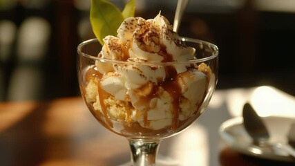 Poster - A delicious dessert featuring ice cream and caramel sauce, perfect for a sweet treat
