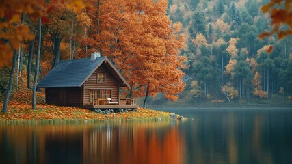Poster - Small wooden cabin on the lakeside, suitable for travel or adventure photos