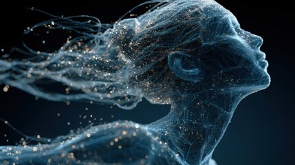 Poster - A figure composed of glowing particles and flowing lines captures movement and grace against a dark backdrop.