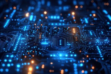 Poster - Dynamic blue circuit board background with glowing technological elements