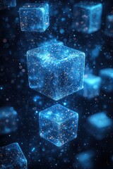 Poster - Futuristic glowing digital cubes showcasing interconnected data points on a dark background