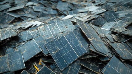 Poster - A stack of discarded solar panels, with fragments scattered around