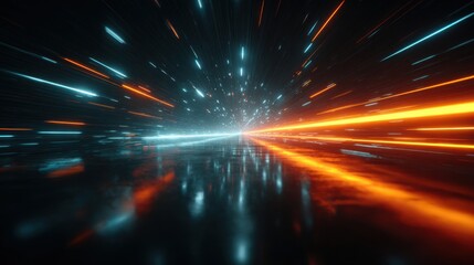 Poster - Vivid streaks of orange and blue light create a tunnel-like effect, suggesting rapid movement through space. The reflective surface enhances the dramatic visuals of high speed and energy.