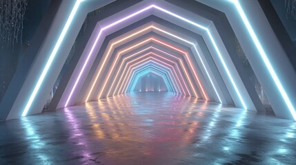 Poster - A futuristic corridor displays colorful neon lights along geometric arches, creating a visually striking pathway. The smooth floor reflects the vibrant hues, enhancing the atmosphere.