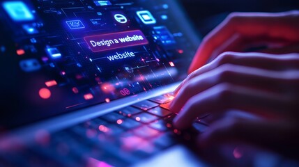 website design: a close-up shot reveals the intricate work of creating a dynamic website, with glowi