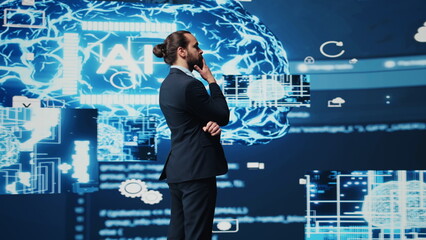 Poster - Tech savvy businessman employing AI brain data visualization, exploring algorithmic thinking and machine learning through neural networks system. Virtual intelligence in the digital age. Camera B.