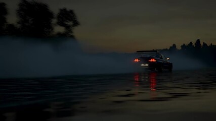 Poster - Smoke and water spray fills the air as a japanese sports car drifts across a wet track at night, its taillights reflecting in the glistening surface