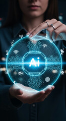 Poster - Woman's hands gently hold a glowing sphere displaying AI technology, symbolizing innovation, connection, and the future of artificial intelligence