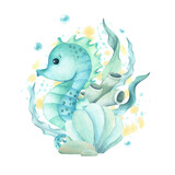 Seahorse cute character with algae and seashell composition on blue yellow watercolor splashes. Hand drawn illustration isolated from background. For kids posters, stationary, textile, postcards