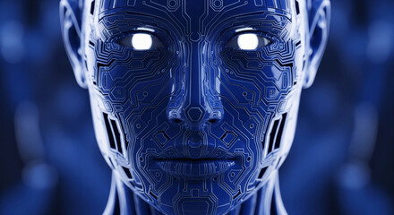 Poster - Close-up of a robotic face, blue metallic texture with circuit patterns, glowing eyes, showcasing technological advancement and artificial intelligence