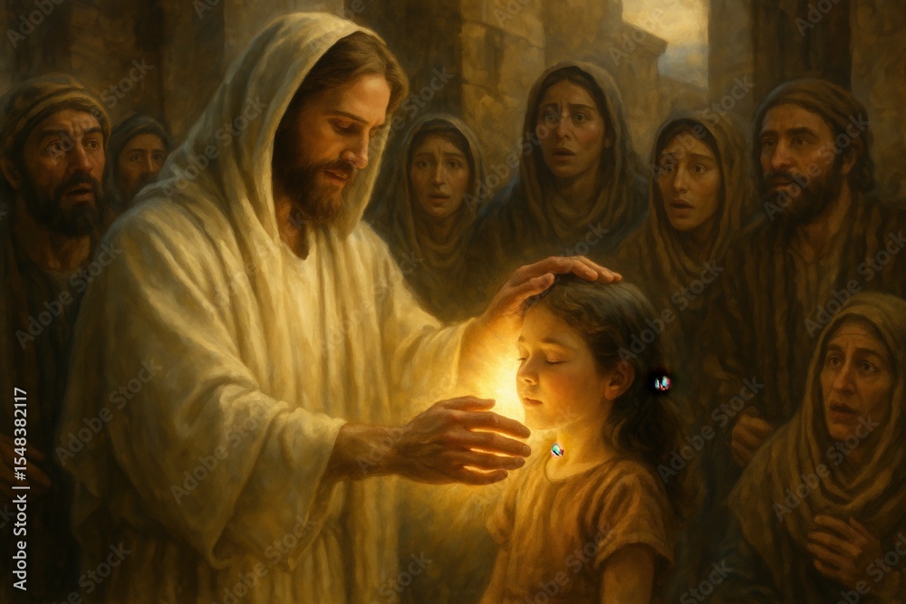 Jesus Christ performing miraculous healing with divine light radiating ...