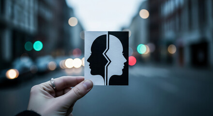 Poster - Hand holds card with black and white profile silhouettes, symbolizing duality, contrast, or unity. City bokeh background