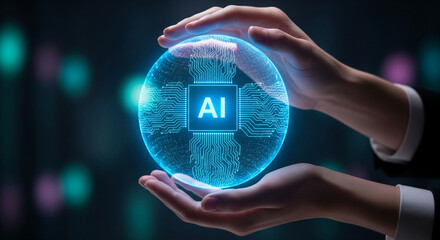 Poster - Hands gently cradle a glowing sphere displaying AI circuitry, symbolizing innovation, technological advancement, and careful control of artificial intelligence