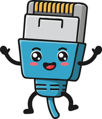Poster - cute happy ethernet cable connector character with smiling face and raised arms vector illustration