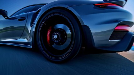 Poster - Sleek gray sports car racing across racetrack during sunset, highlighting dynamic performance and elegant design through multiple cinematic camera angles capturing high speed motion