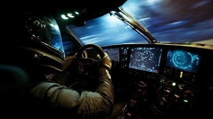 Poster - Futuristic aircraft cockpit interior with pilot driving at night, illuminated by various colored lights, creating a dynamic and technologically advanced atmosphere