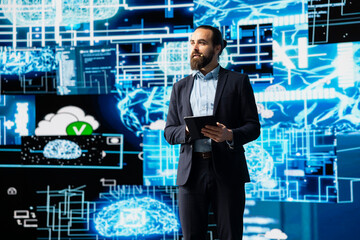 Poster - Entrepreneur public speaker hosts live conference to highlight AI usage in business growth, demonstrating the use of neural networks system and machine learning. Visionary fintech event.