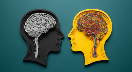 Poster - Two layered paper heads profile, one black with white brain, other yellow with multicolored brain, symbolizes contrasting thought processes, mental health, or creative vs analytical thinking