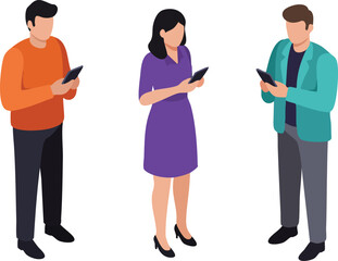 Poster - Group of people standing using smartphones in casual outfits communicating and browsing digital devices vector illustration 