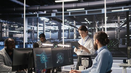 Poster - Data center team leader supervising system operations supporting neural networks and analytics workflows. Server hub manager monitoring engineering team managing AI training datasets, camera A