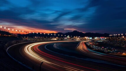 Poster - Long exposure photography captures the vibrant light trails of cars speeding around phoenix raceway at sunset, with mountains and colorful sky in background