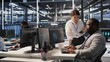 © DC Studio - Lead data center admin overseeing IT expert integrating AI in equipment rigs. African american employee under server farm team leader supervision using deep learning for operational tasks, camera A