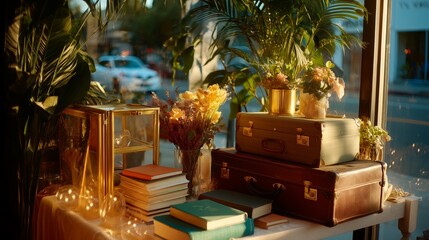 Poster - Vintage travel theme with stacked suitcases and decorative plants at golden hour