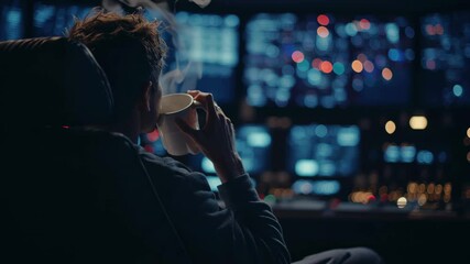 Aufkleber - Marine engineer sipping coffee from a mug while analyzing data on multiple computer screens, working late into the night to ensure the seamless operation of ship systems