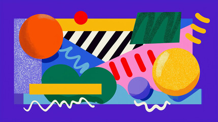 Aufkleber - Colorful geometric shapes and patterns juxtaposed on a bright purple backdrop. Dynamic design with circles, stripes, and lines creates an energetic feel. Concept of graphic design, art, marketing