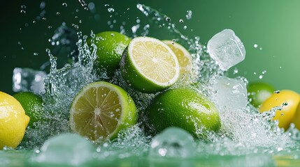 Poster - Zesty limes and bright lemons create an exhilarating splash in clear water, illustrating freshness and vitality, perfect for drinks or culinary inspirations.
