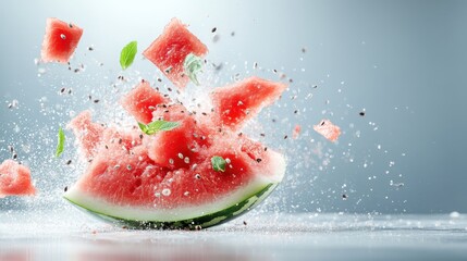 Poster - A vibrant explosion of watermelon pieces captures the essence of summer, showcasing the juicy flesh and refreshing nature of this favorite seasonal fruit.