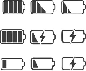 Poster - Battery Icons Representing Different Charge Levels and Charging Status Depicted with Lightning Bolts on a White Background
