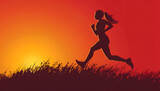 Sylwetka kobiety biegnącej po trawie podczas zachodu słońca