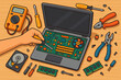 © Jule - Computer repair service concept. Technician hand fixing a laptop motherboard with tools. IT support, hardware upgrade, and electronics maintenance. Flat lay vector illustration.