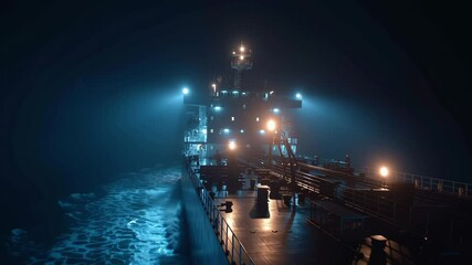 Poster - Cargo ship sailing through the dark ocean at night, illuminated by navigation lights, creating an eerie atmosphere as fog envelops the vessel, enhancing its maritime mystery