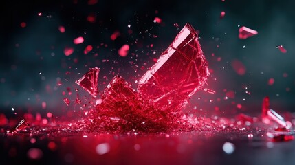 Poster - The dynamic explosion of red crystal shards captures the essence of chaos, beauty and destruction, evoking strong visual emotions through contrasting colors and shapes.
