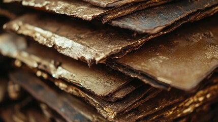 Poster - An aesthetic arrangement of metallic sheets showcases their rich textures and warm hues, presenting a captivating visual experience for art and design enthusiasts.