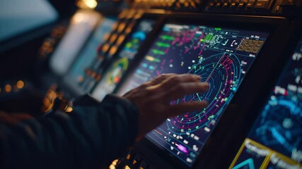 Aufkleber - Ship captain using touchscreen control panel with radar interface navigating vessel on digital nautical chart plotter during night shift, ensuring safe passage through challenging waters