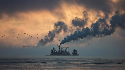 Wall Mural - dredger sailing across the sea at sunset, emitting dark smoke into the air, while birds soar above a