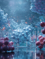 Poster - Abstract, sciencethemed illustration. Features glassware, spherical forms, and reflective surfaces. Conveys concepts of chemistry, research, and innovation.