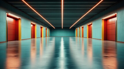 Poster - A beautifully lit hallway featuring colorful doors, with a polished floor creating stunning reflections, highlighting modern architectural design and vibrant aesthetics.