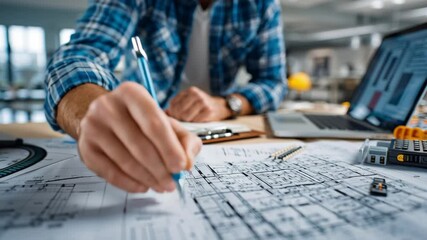 Poster - Close up of an electrical engineer sketching a house design on paper at a desk with a laptop and electronic components, emphasizing electrical engineering concepts