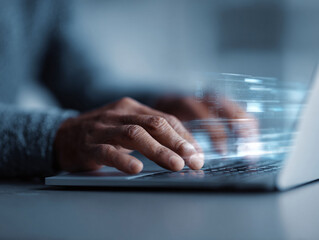 Poster - Closeup of hands typing on a laptop with digital code overlay. Modern tech, data processing, and programming concept. Ideal for technology, business, and innovation.