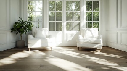 Poster - A spacious and inviting living room filled with natural light, featuring elegant armchairs and greenery, perfect for relaxation and comfort.