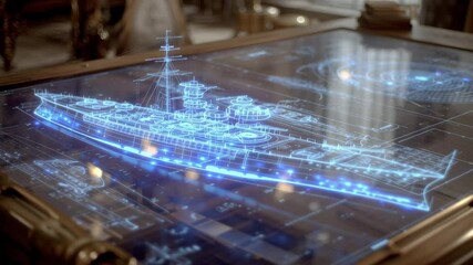 Poster - Futuristic transparent display showcasing a holographic projection of a warship blueprint. Illuminating a luxurious room with its ethereal blue glow and hinting at advanced naval design technology