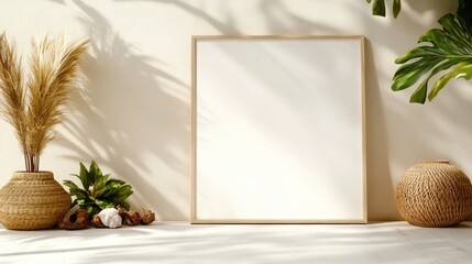 Poster - A minimalist setting featuring an empty frame against a soft wall, surrounded by lush plants, inviting creativity and serenity in home décor.