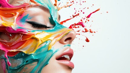 Poster - An artistic portrayal of a woman's face adorned with vivid splashes of paint, creating a striking blend of color and emotion that evokes creativity and passion.